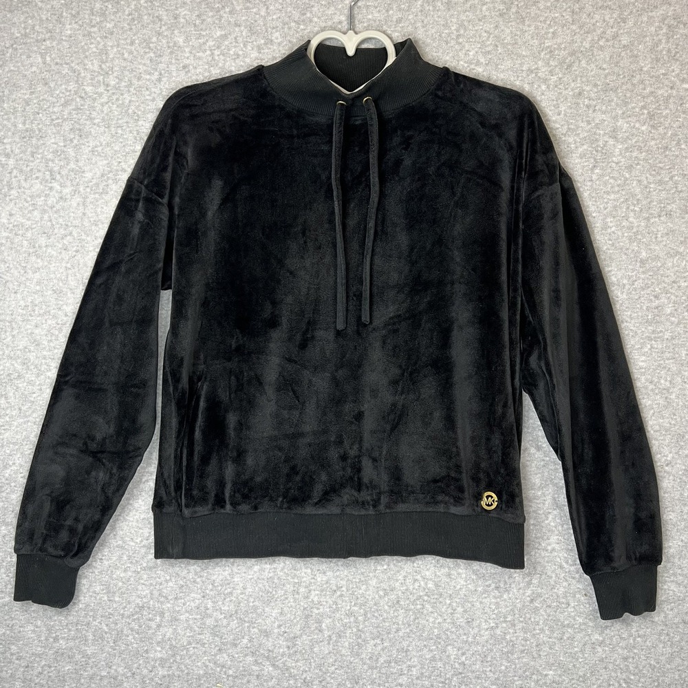 Michael Kors XS Black Velour Mock Neck Drawstring Pullover Sweatshirt Gold MK 58